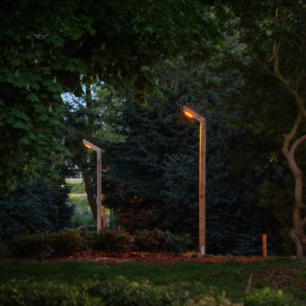 Wooden lampposts amber lighting along the forest path